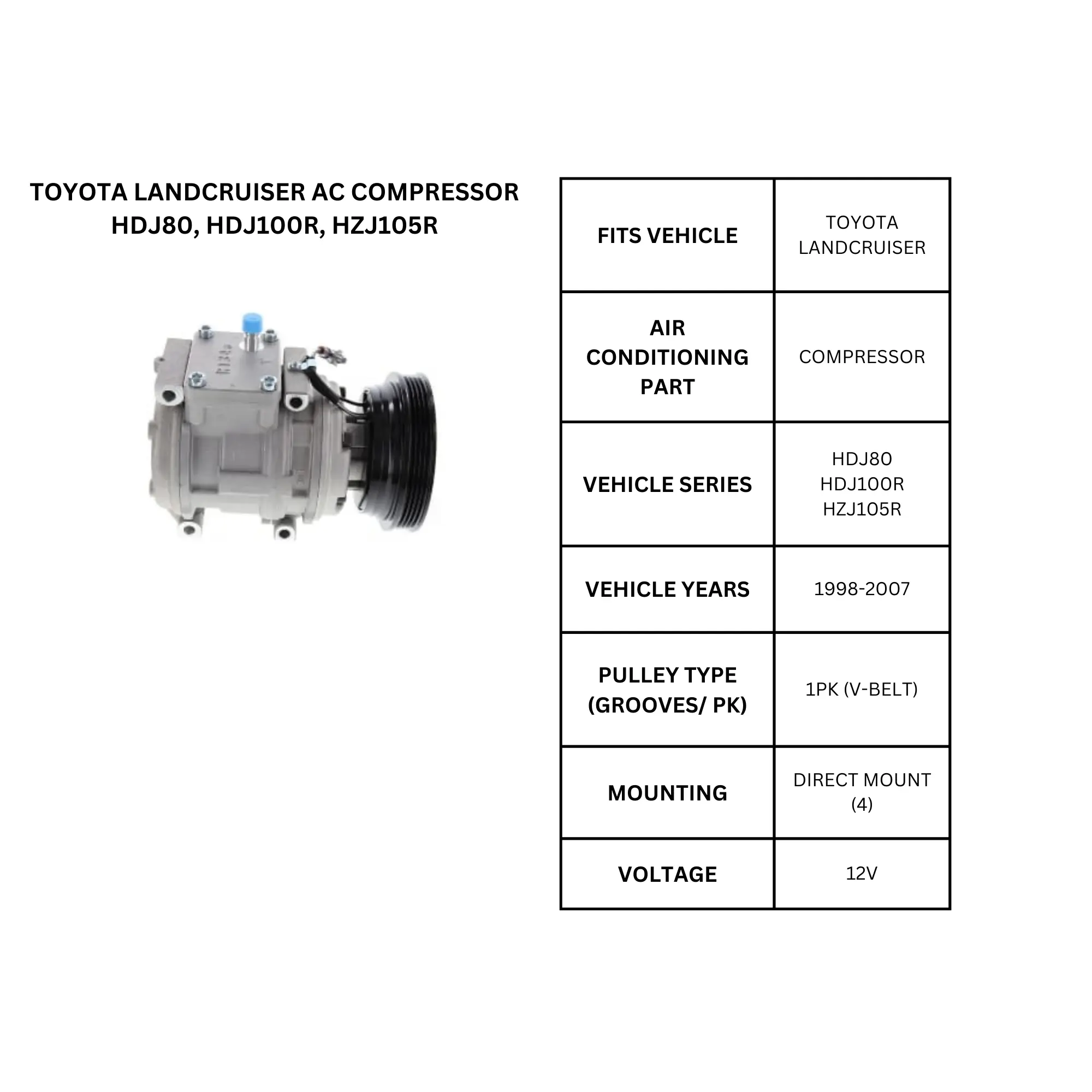 TOYOTA LANDCRUISER AC COMPRESSOR HDJ80, HDJ100R, HZJ105R